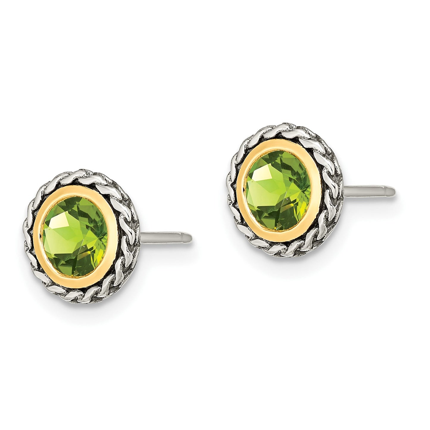 GSS Sterling Silver with 14K Accent Antiqued Round Bezel Peridot Post Earrings
