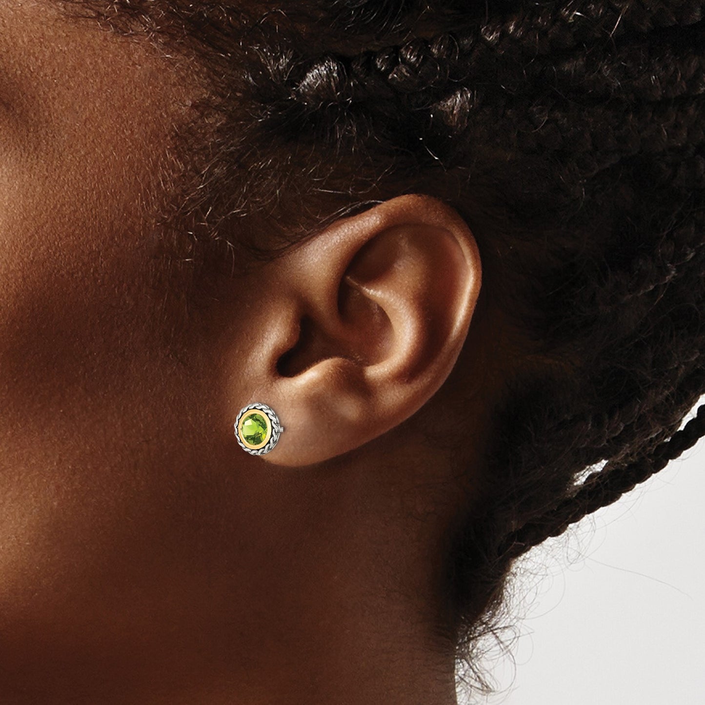 GSS Sterling Silver with 14K Accent Antiqued Round Bezel Peridot Post Earrings