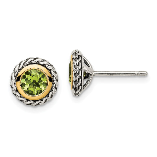 GSS Sterling Silver with 14K Accent Antiqued Round Bezel Peridot Post Earrings