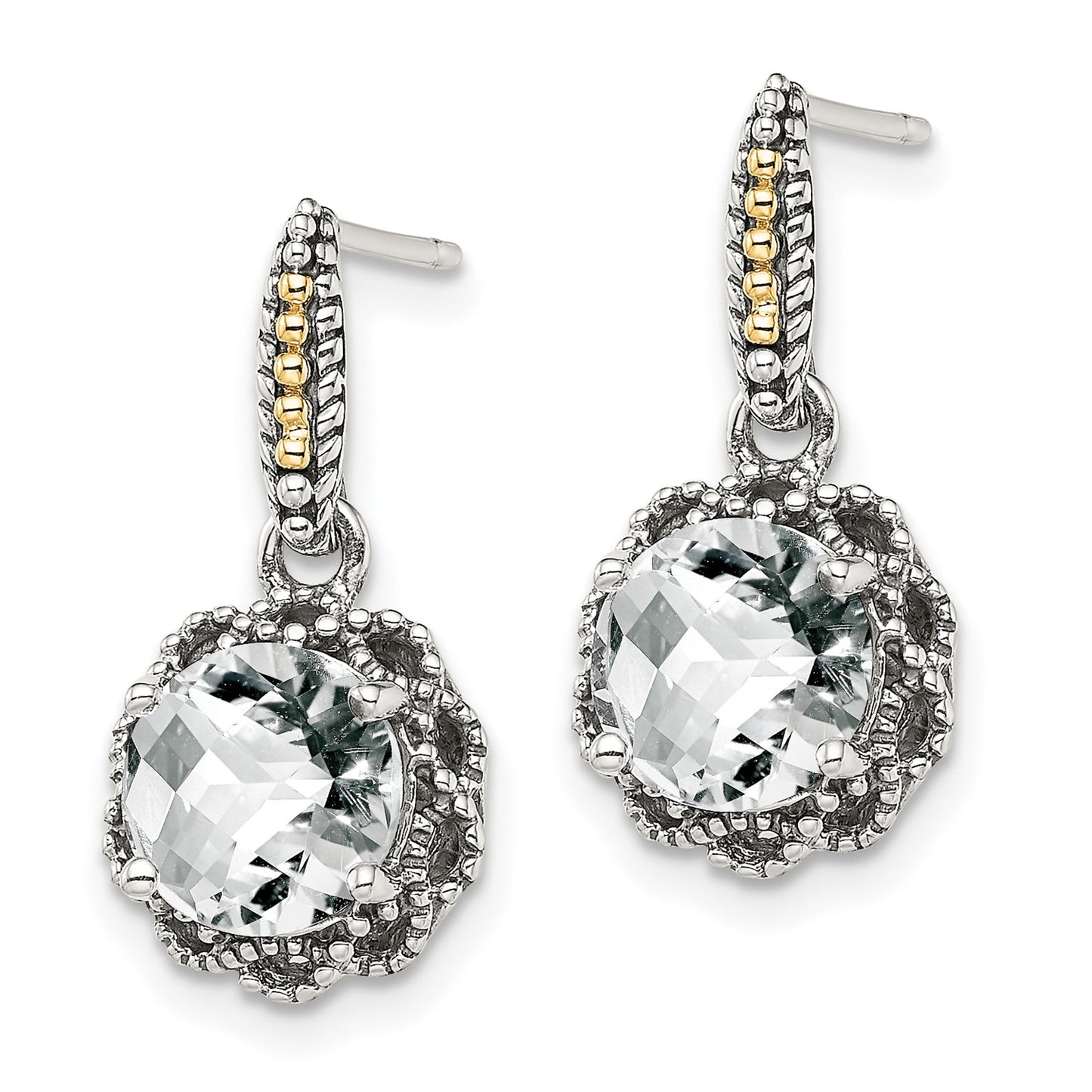 GSS Sterling Silver with 14K Accent Antiqued Round White Topaz Dangle Post Earrings