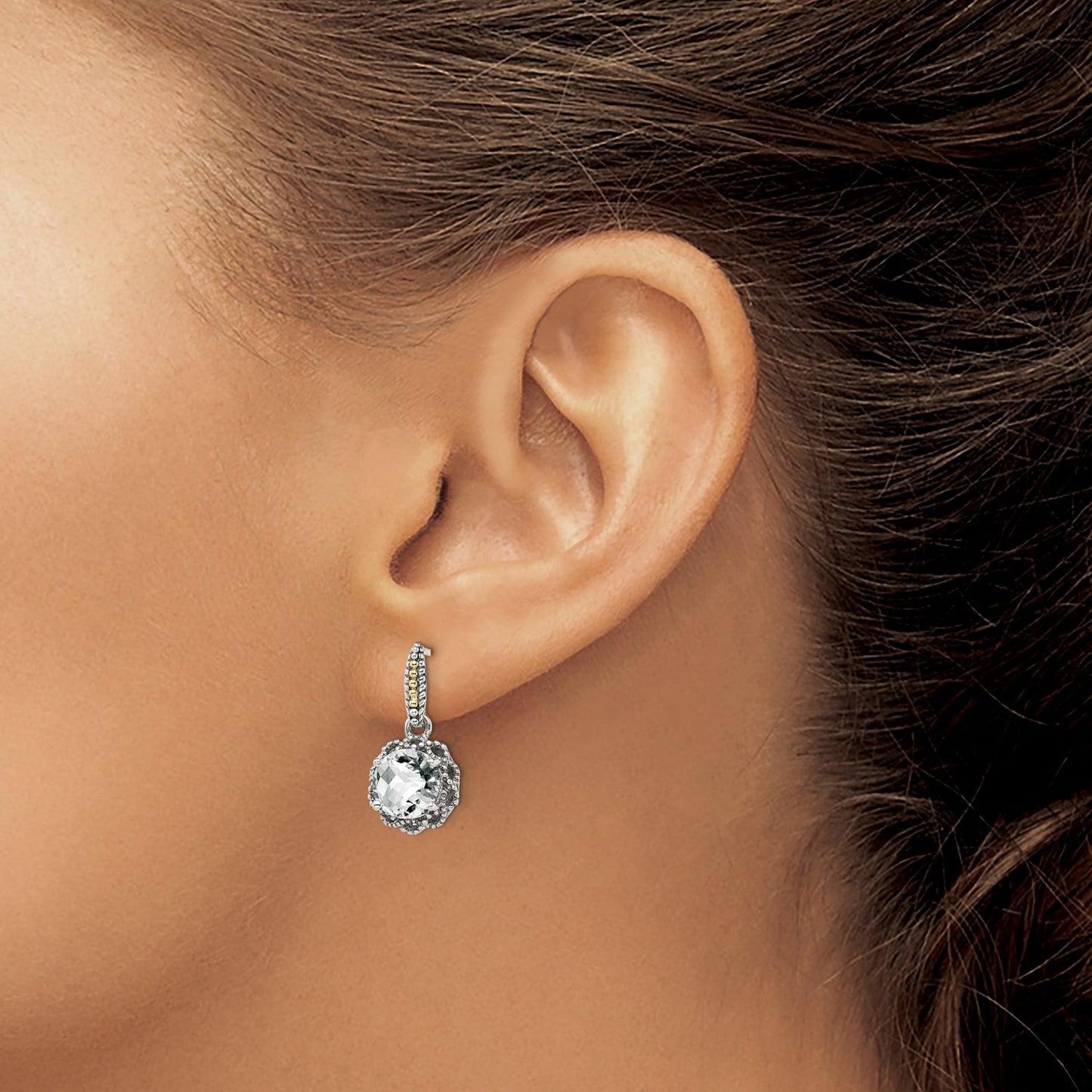 GSS Sterling Silver with 14K Accent Antiqued Round White Topaz Dangle Post Earrings