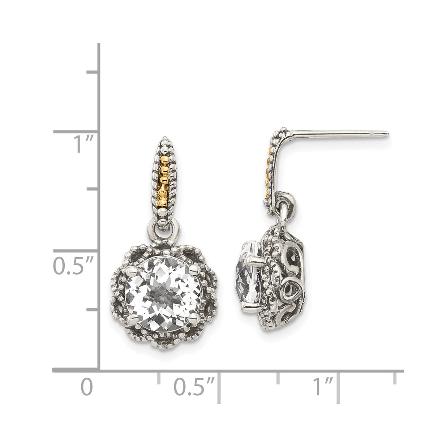 GSS Sterling Silver with 14K Accent Antiqued Round White Topaz Dangle Post Earrings