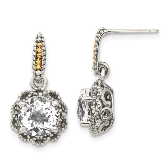 GSS Sterling Silver with 14K Accent Antiqued Round White Topaz Dangle Post Earrings