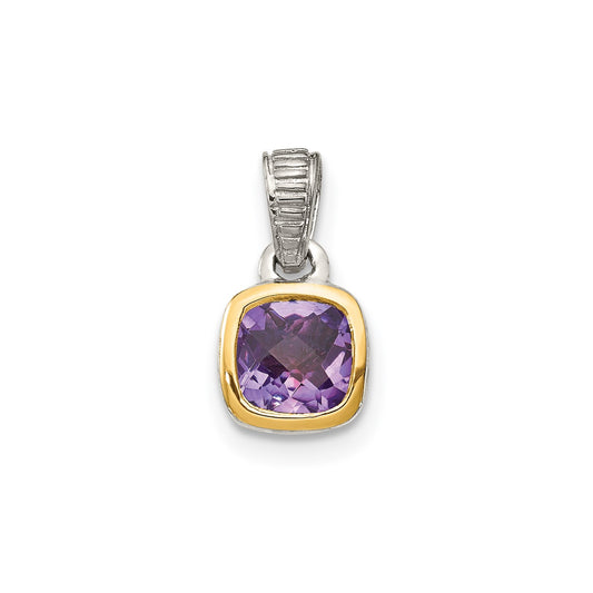 GSS Sterling Silver Rhodium-plated with 14k Accent Polished Cushion-cut Amethyst Pendant