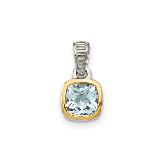 GSS Sterling Silver Rhodium-plated with 14k Accent Polished Cushion-cut Aquamarine Pendant