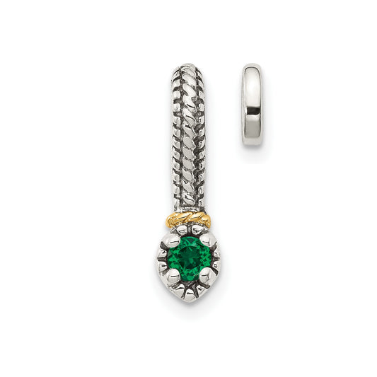 GSS Sterling Silver Antiqued with 14k Accent Polished Created Emerald Chain Slide Pendant