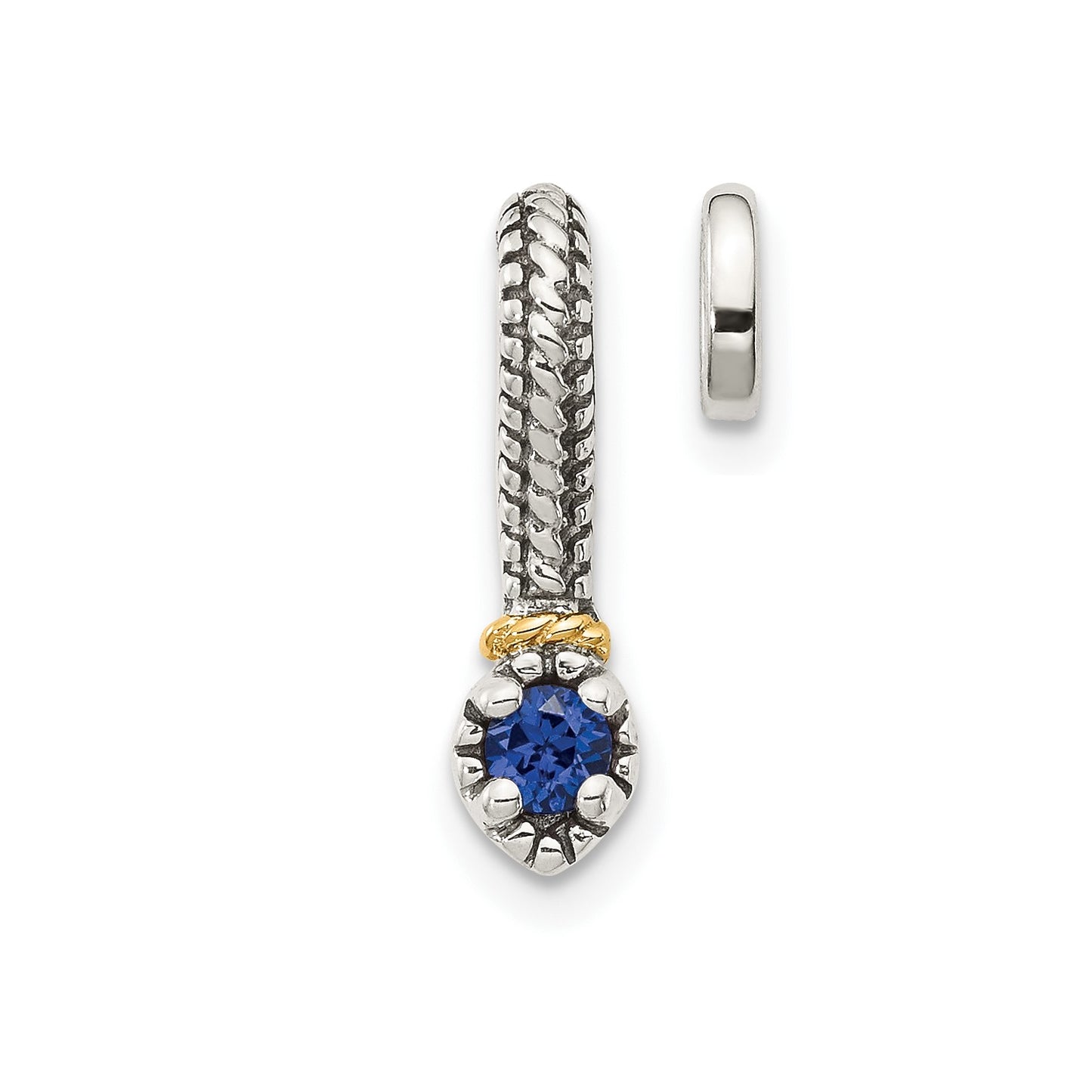 GSS Sterling Silver Antiqued with 14k Accent Polished Created Sapphire Chain Slide Pendant