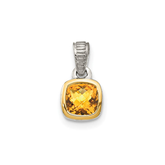 GSS Sterling Silver Rhodium-plated with 14k Accent Polished Cushion-cut Citrine Pendant