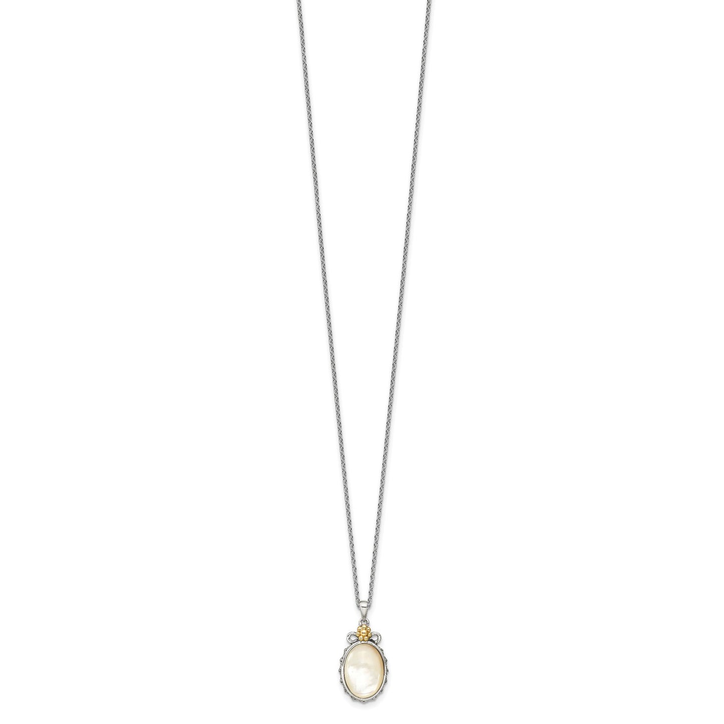 GSS Sterling Silver with 14K Accent 18 Inch Floral Oval Mother Of Pearl Necklace