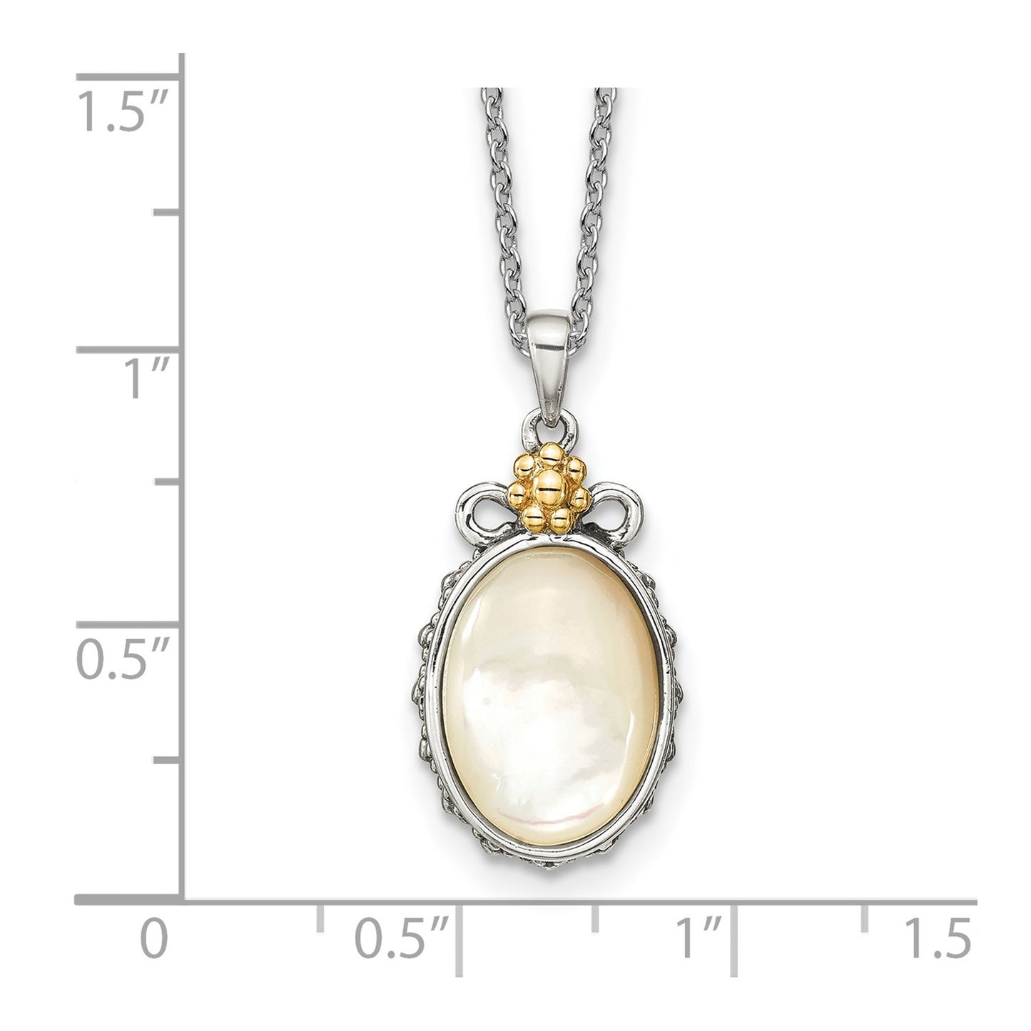 GSS Sterling Silver with 14K Accent 18 Inch Floral Oval Mother Of Pearl Necklace