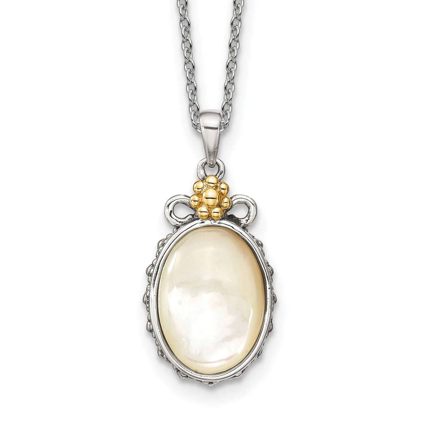 GSS Sterling Silver with 14K Accent 18 Inch Floral Oval Mother Of Pearl Necklace