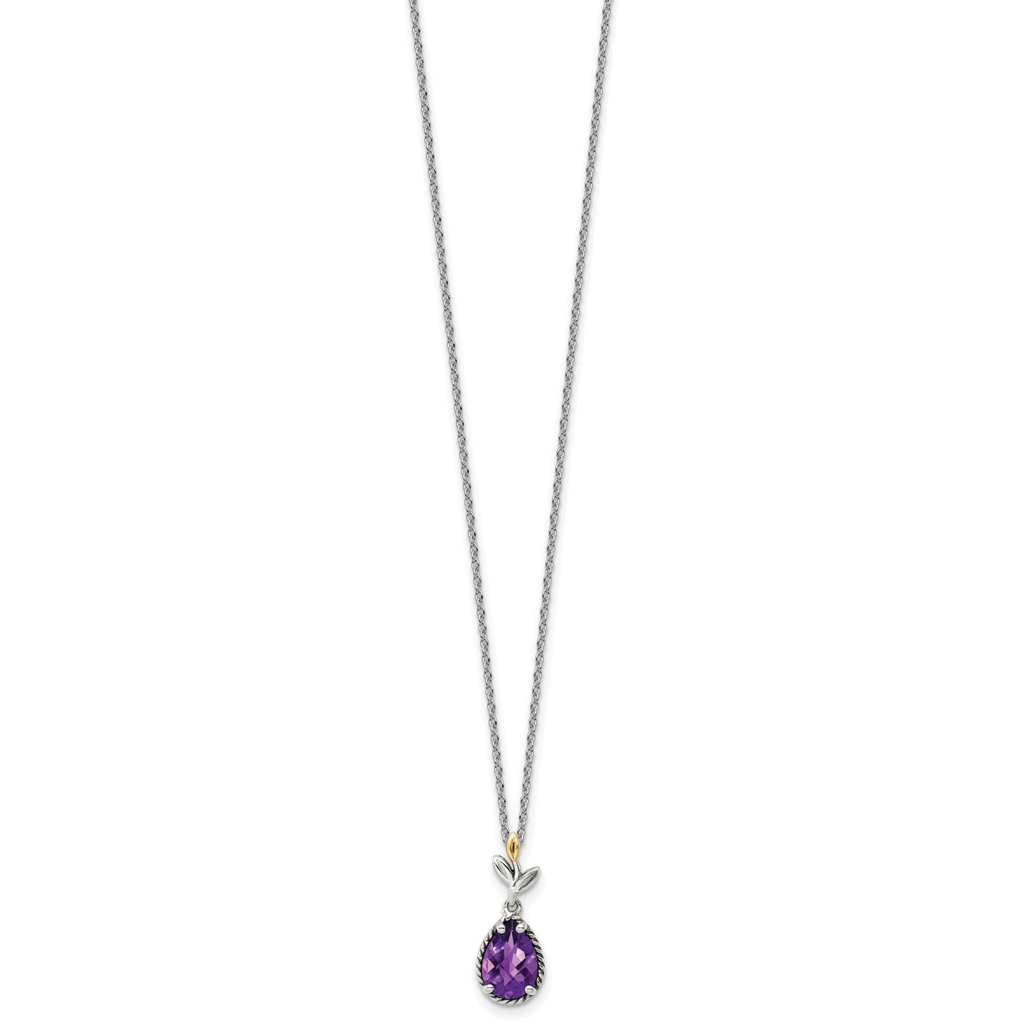 GSS Sterling Silver with 14K Accent 18 Inch Leaves with Checkerboard Pear Shaped Amethyst Necklace with 2 Inch Extender