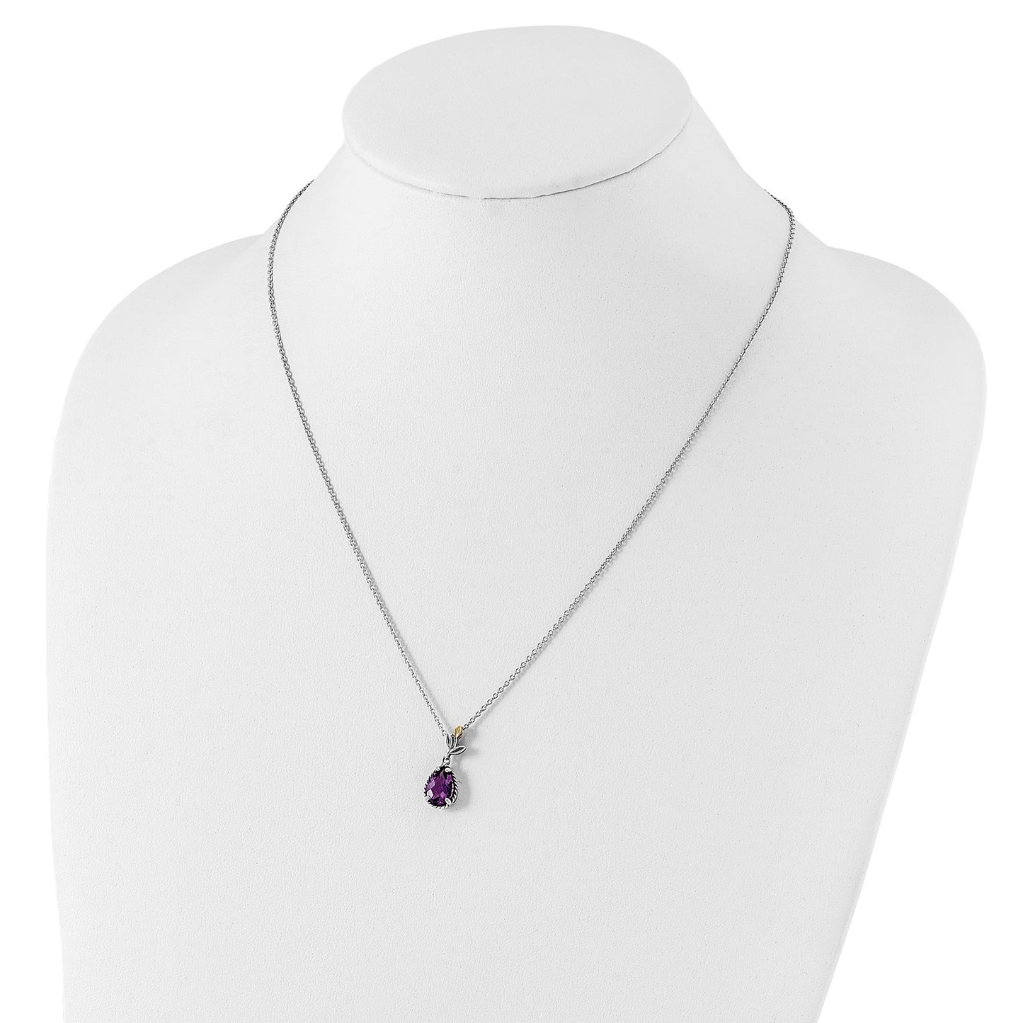 GSS Sterling Silver with 14K Accent 18 Inch Leaves with Checkerboard Pear Shaped Amethyst Necklace with 2 Inch Extender