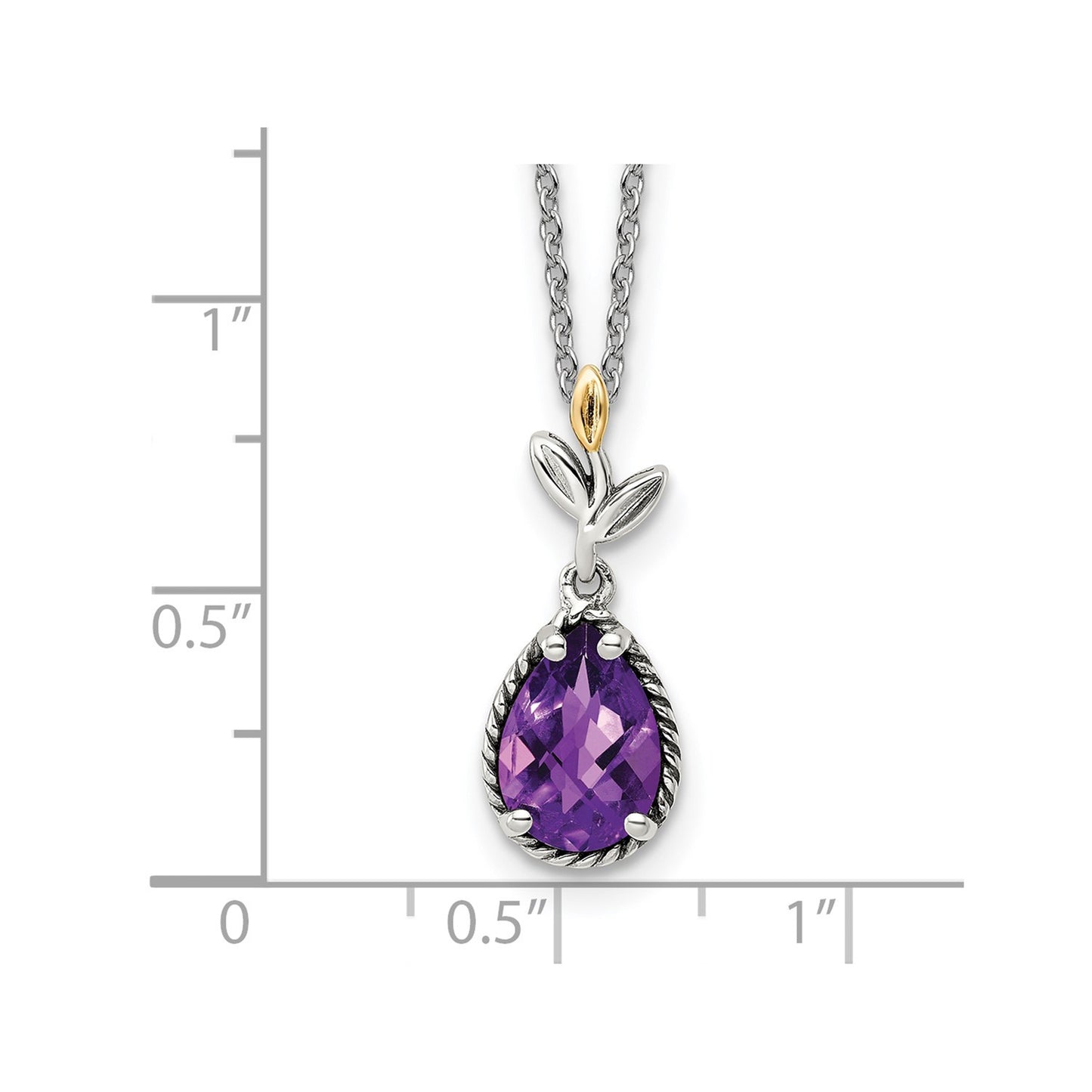 GSS Sterling Silver with 14K Accent 18 Inch Leaves with Checkerboard Pear Shaped Amethyst Necklace with 2 Inch Extender
