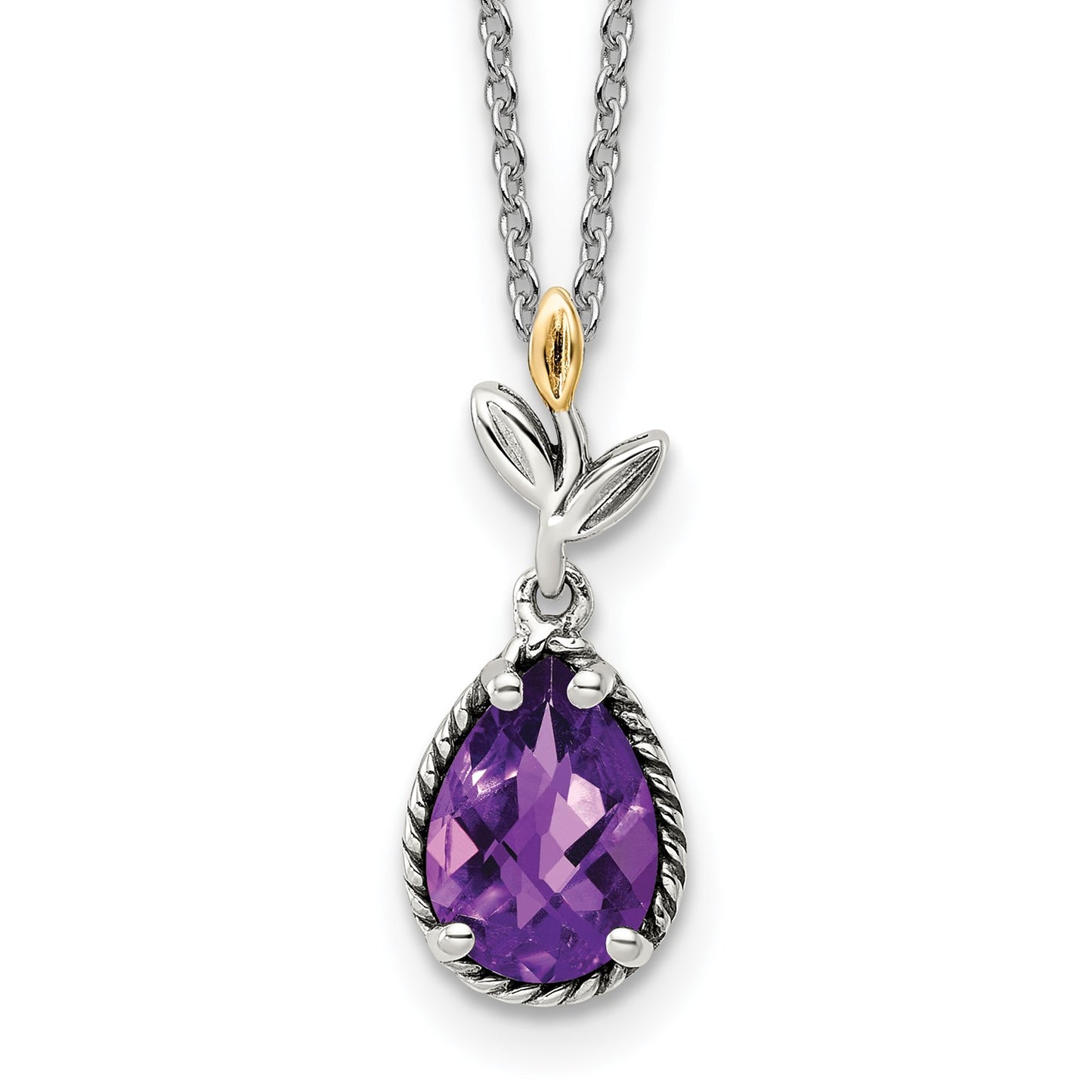 GSS Sterling Silver with 14K Accent 18 Inch Leaves with Checkerboard Pear Shaped Amethyst Necklace with 2 Inch Extender
