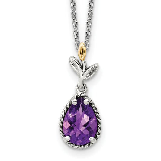 GSS Sterling Silver with 14K Accent 18 Inch Leaves with Checkerboard Pear Shaped Amethyst Necklace with 2 Inch Extender