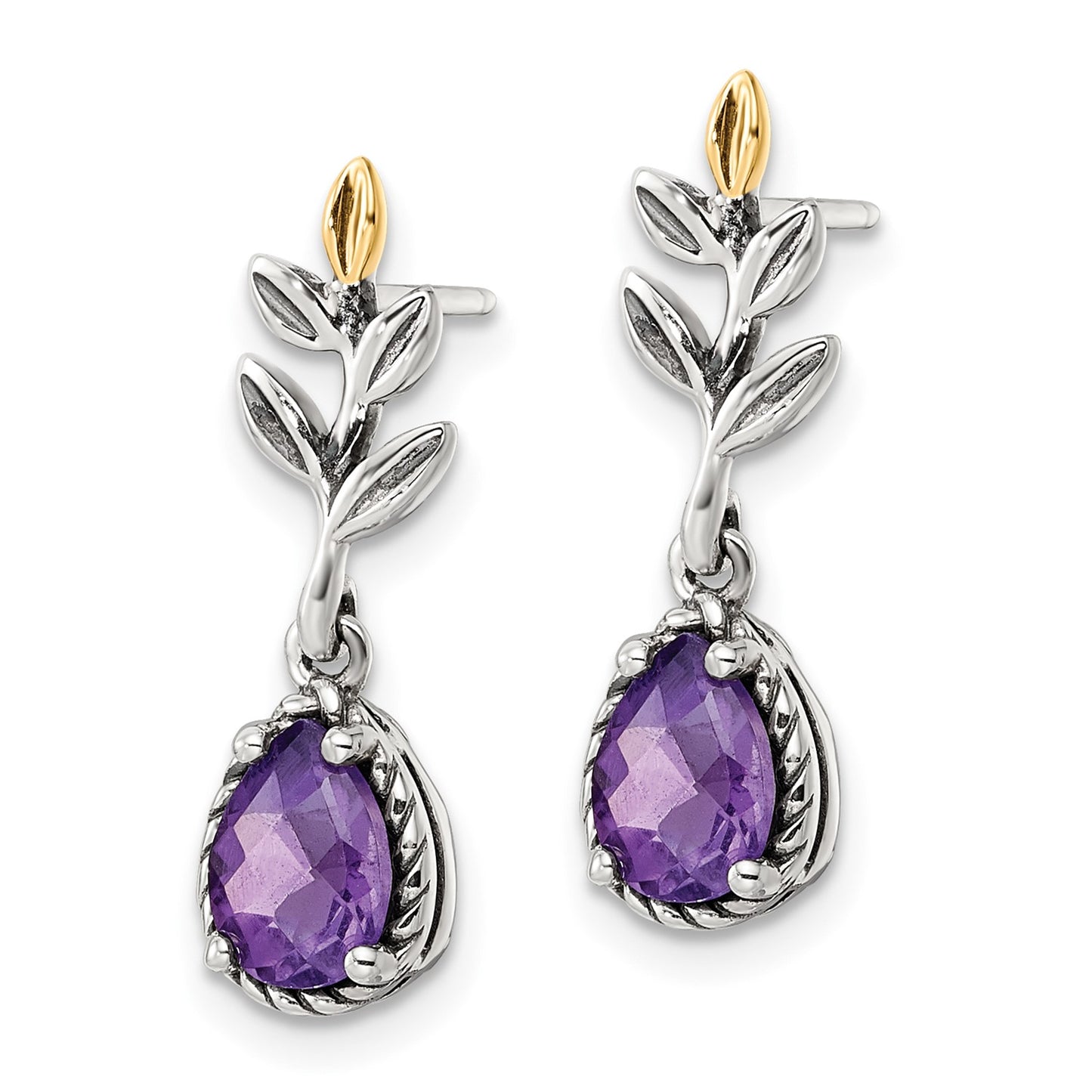 GSS Sterling Silver with 14K Accent Leaves with Pear Shaped Checkerboard Amethyst Dangle Post Earrings