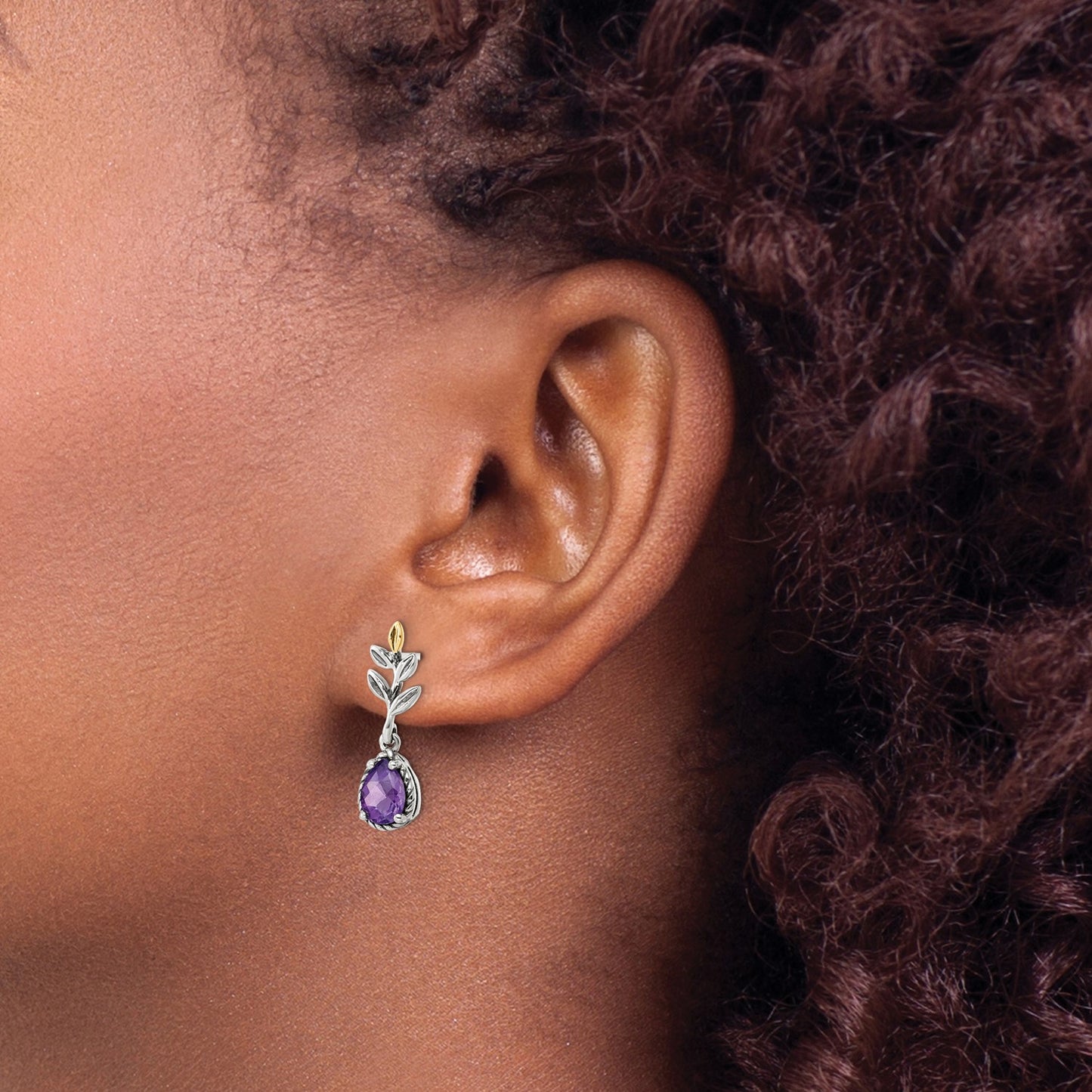 GSS Sterling Silver with 14K Accent Leaves with Pear Shaped Checkerboard Amethyst Dangle Post Earrings