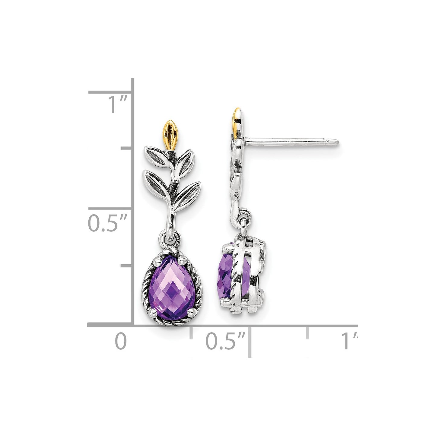 GSS Sterling Silver with 14K Accent Leaves with Pear Shaped Checkerboard Amethyst Dangle Post Earrings