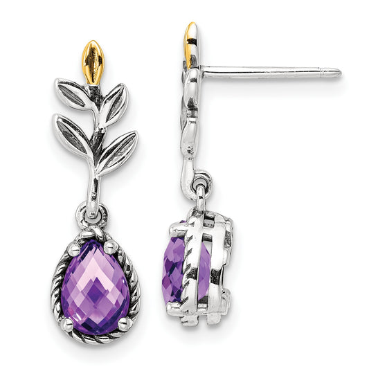 GSS Sterling Silver with 14K Accent Leaves with Pear Shaped Checkerboard Amethyst Dangle Post Earrings