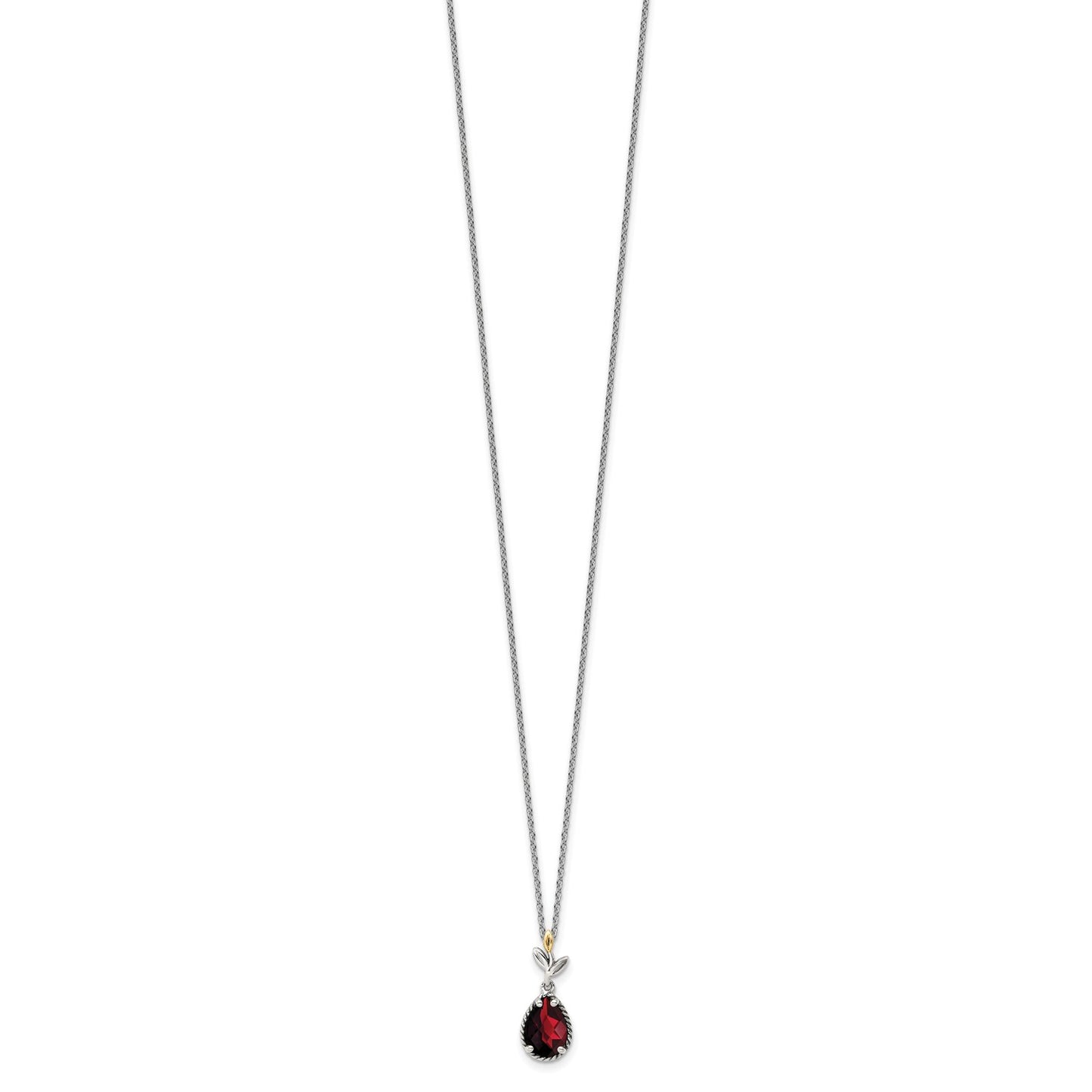 GSS Sterling Silver with 14K Accent 18 Inch Antiqued Leaves with Pear Shaped Checkerboard Garnet Necklace with 2 Inch Extender