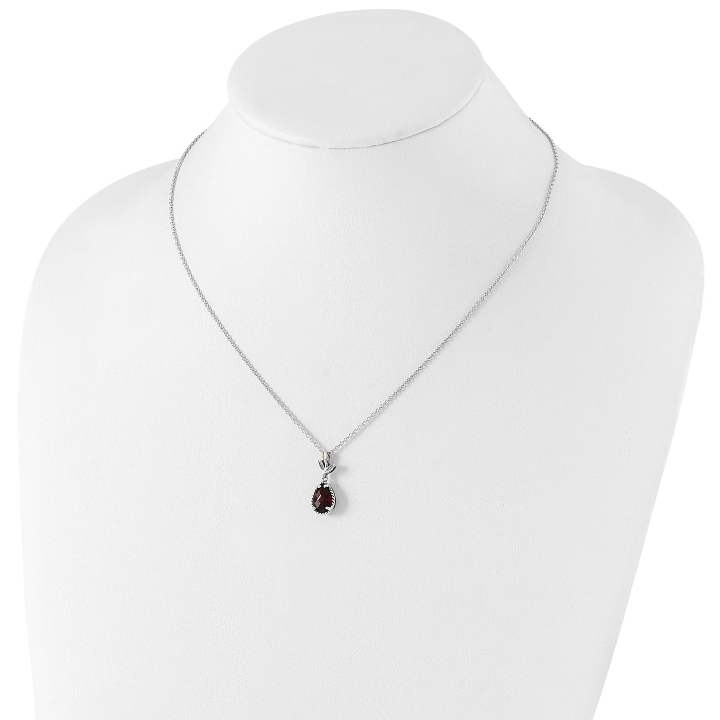 GSS Sterling Silver with 14K Accent 18 Inch Antiqued Leaves with Pear Shaped Checkerboard Garnet Necklace with 2 Inch Extender