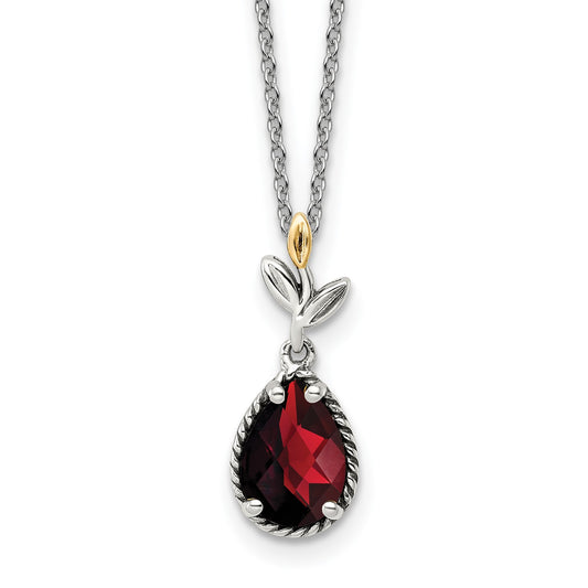 GSS Sterling Silver with 14K Accent 18 Inch Antiqued Leaves with Pear Shaped Checkerboard Garnet Necklace with 2 Inch Extender