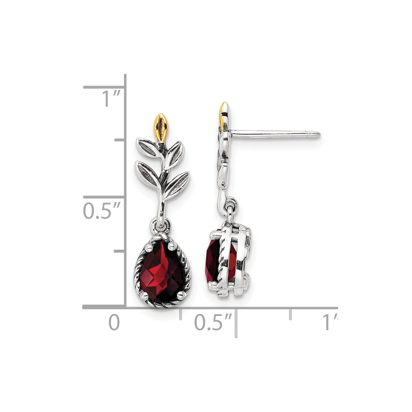 GSS Sterling Silver with 14K Accent 18 Inch Antiqued Leaves Pear Shaped Checkerboard Garnet Leaves Dangle Post Earrings