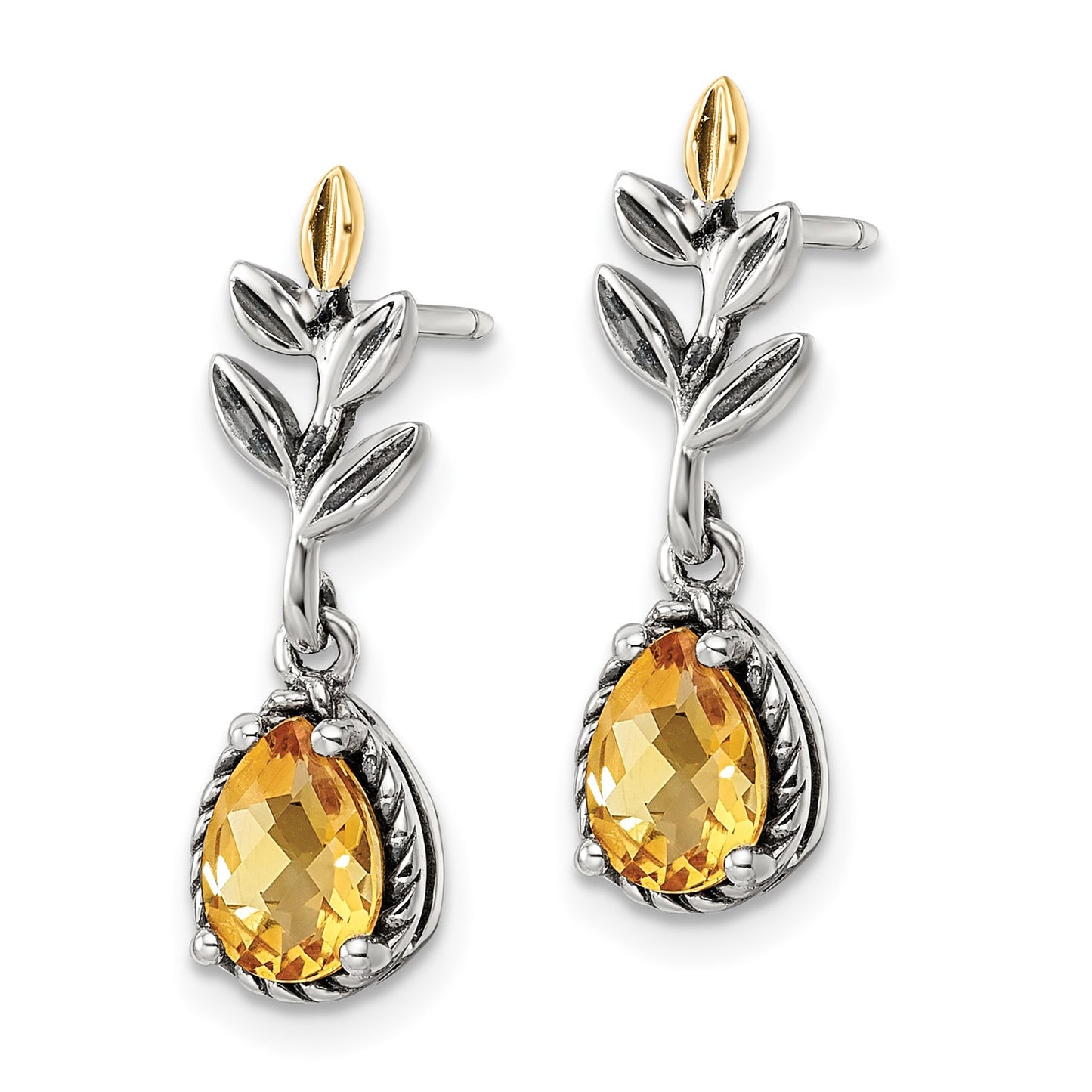 GSS Sterling Silver with 14K Accent Antiqued Leaf Pear Shaped Citrine Dangle Post Earrings