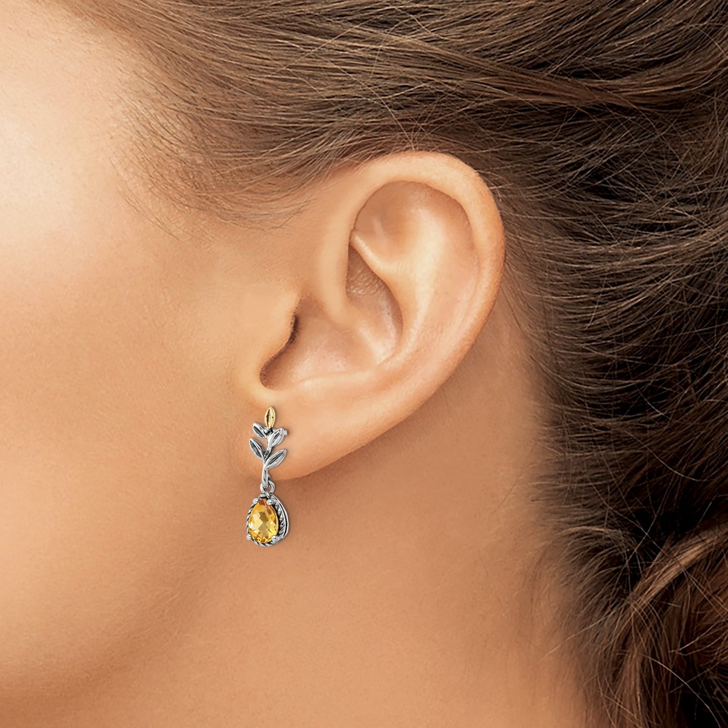 GSS Sterling Silver with 14K Accent Antiqued Leaf Pear Shaped Citrine Dangle Post Earrings