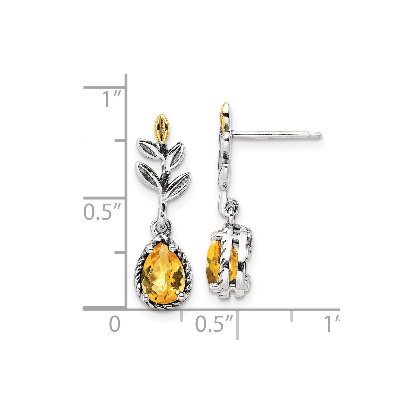 GSS Sterling Silver with 14K Accent Antiqued Leaf Pear Shaped Citrine Dangle Post Earrings