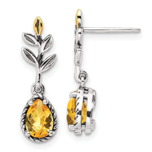 GSS Sterling Silver with 14K Accent Antiqued Leaf Pear Shaped Citrine Dangle Post Earrings