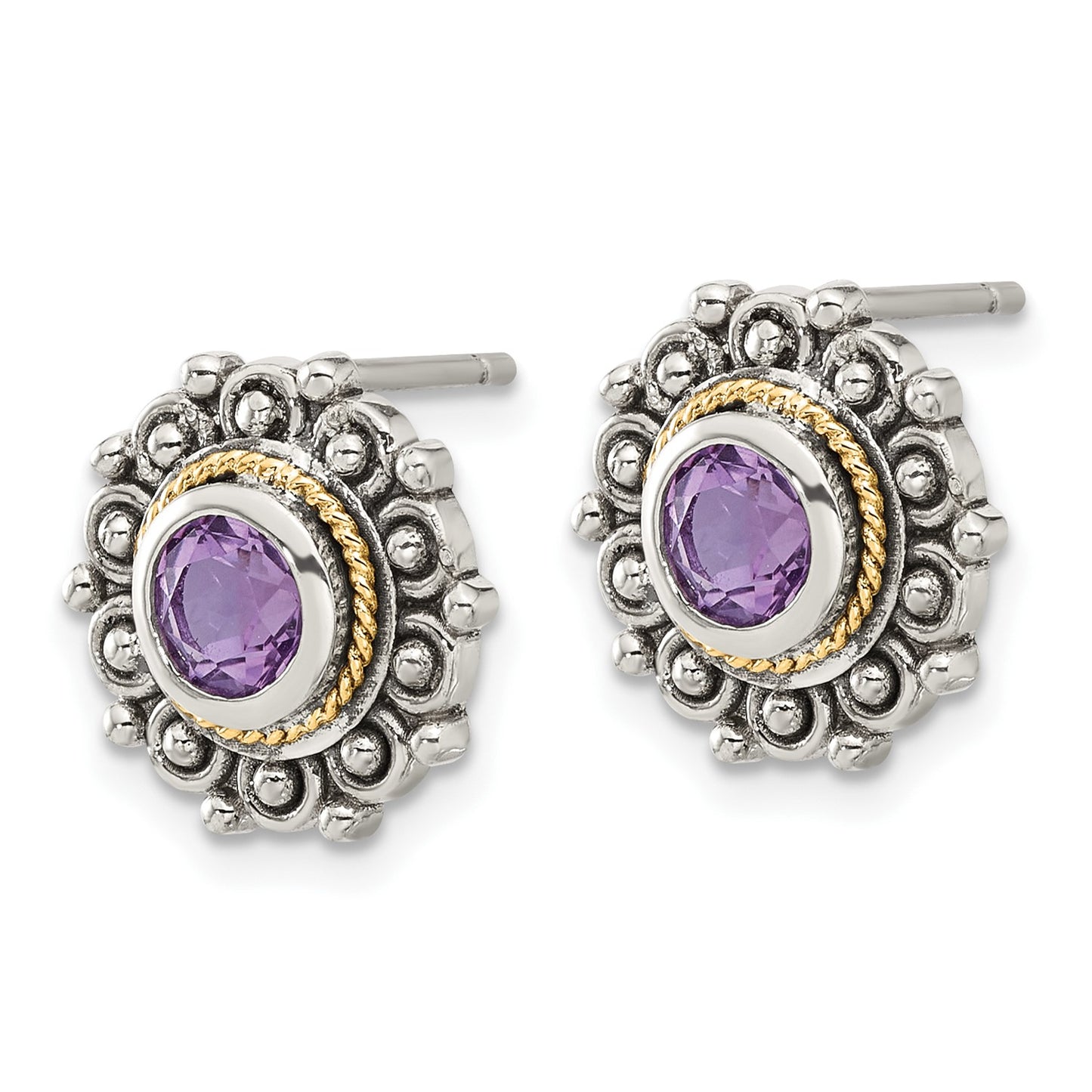 GSS Sterling Silver with 14k Accent Antiqued Amethyst Post Earrings
