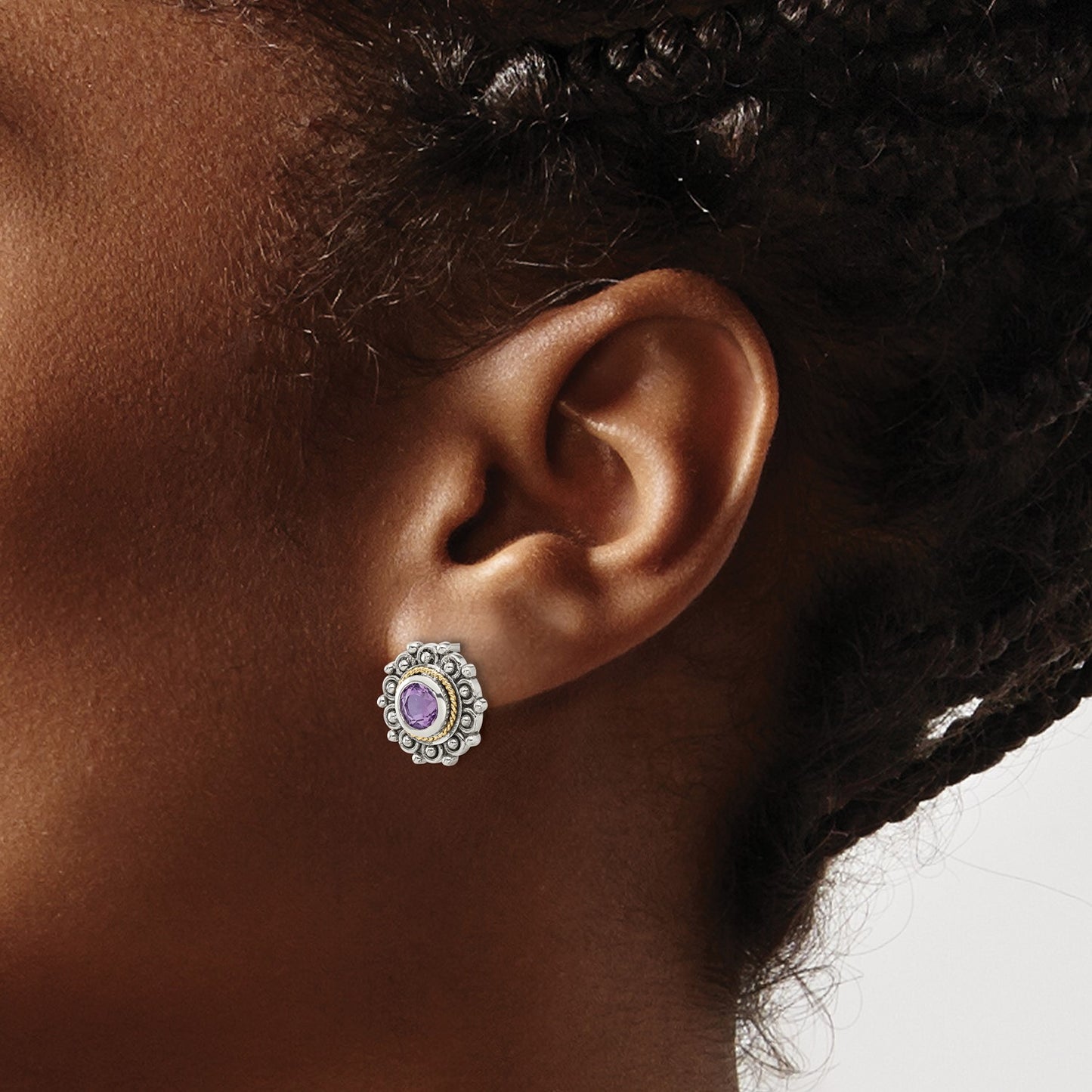 GSS Sterling Silver with 14k Accent Antiqued Amethyst Post Earrings