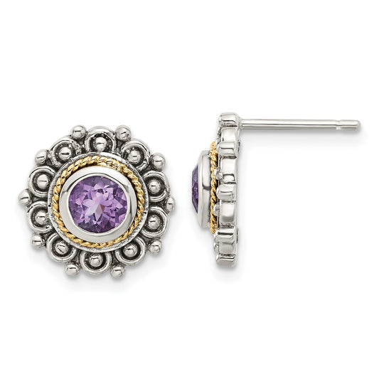 GSS Sterling Silver with 14k Accent Antiqued Amethyst Post Earrings