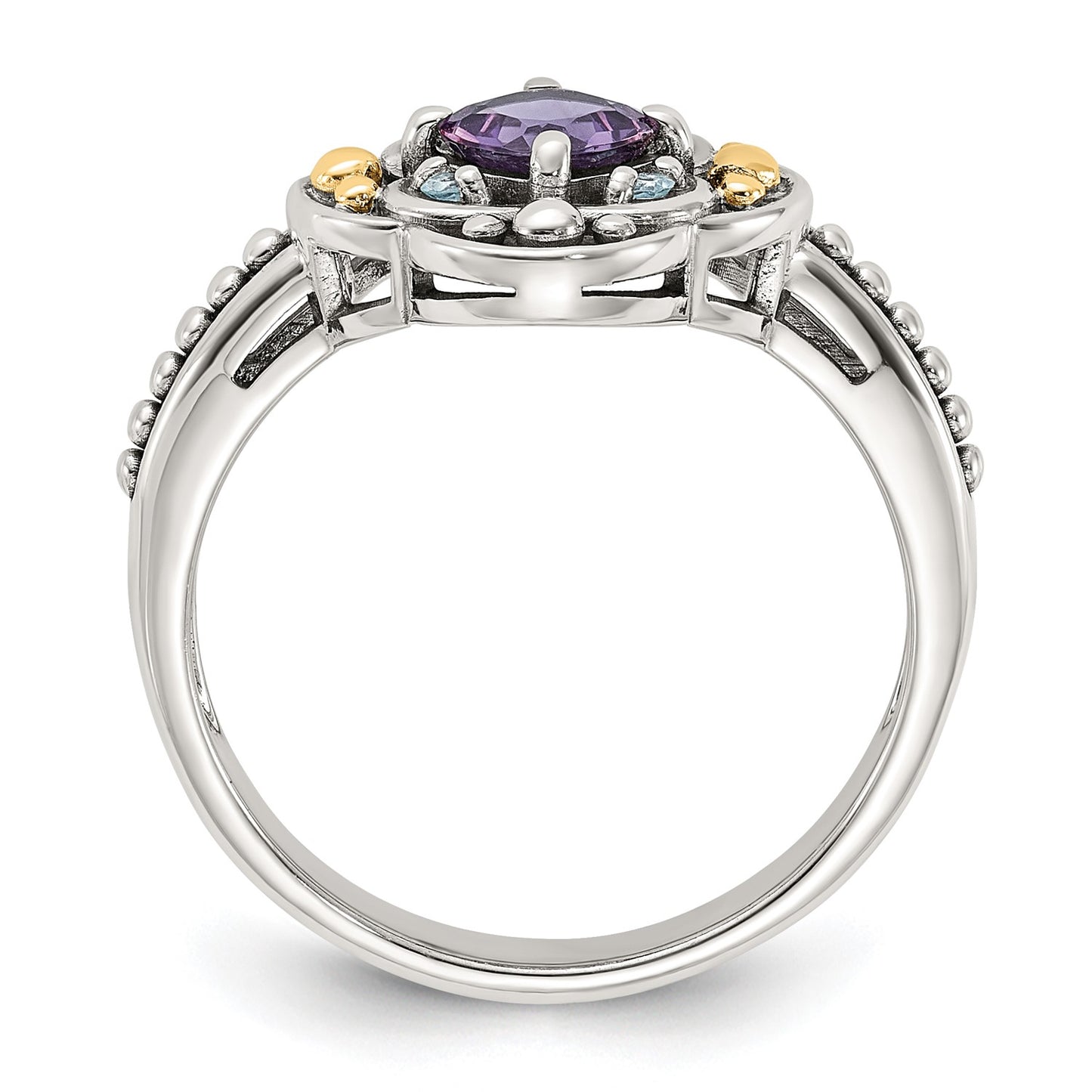 GSS Sterling Silver with 14k Accent Antiqued .41 Amethys / .09Swiss Blue Topaz Ring