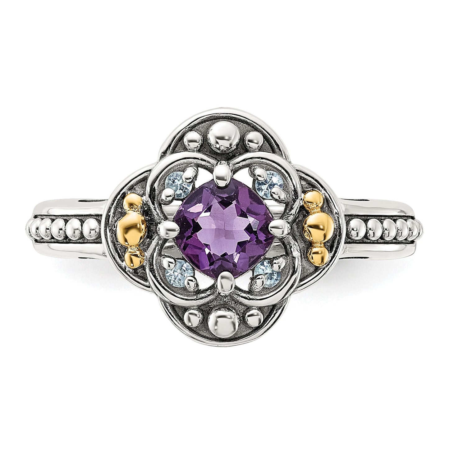 GSS Sterling Silver with 14k Accent Antiqued .41 Amethys / .09Swiss Blue Topaz Ring
