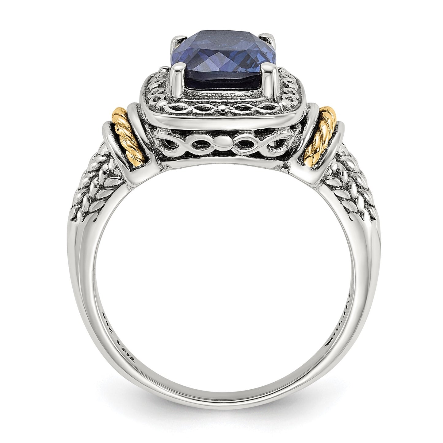 GSS Sterling Silver with 14k Antiqued Lab Created Sapphire Ring