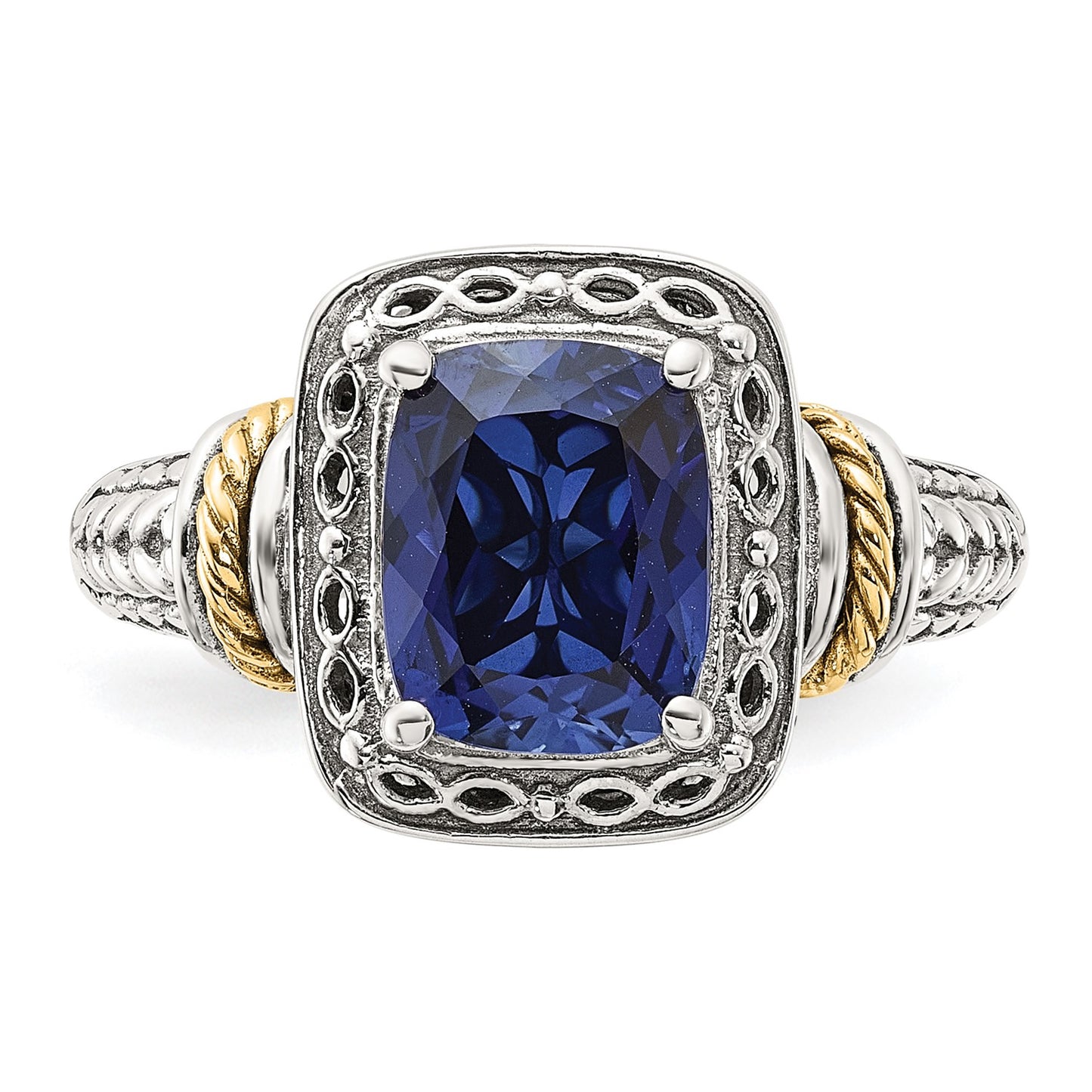 GSS Sterling Silver with 14k Antiqued Lab Created Sapphire Ring
