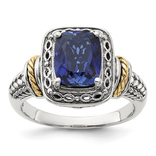 GSS Sterling Silver with 14k Antiqued Lab Created Sapphire Ring