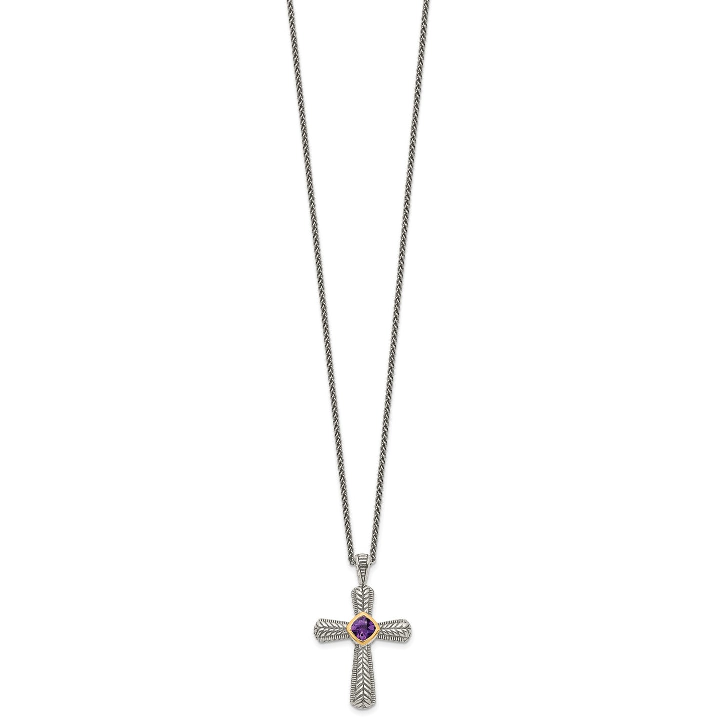 GSS Sterling Silver with 14K Accent 18 Inch Antiqued Cushion Bezel Amethyst Cross Necklace