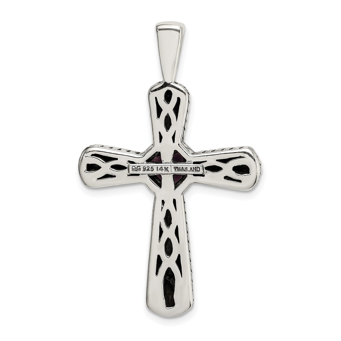 GSS Sterling Silver with 14K Accent 18 Inch Antiqued Cushion Bezel Amethyst Cross Necklace