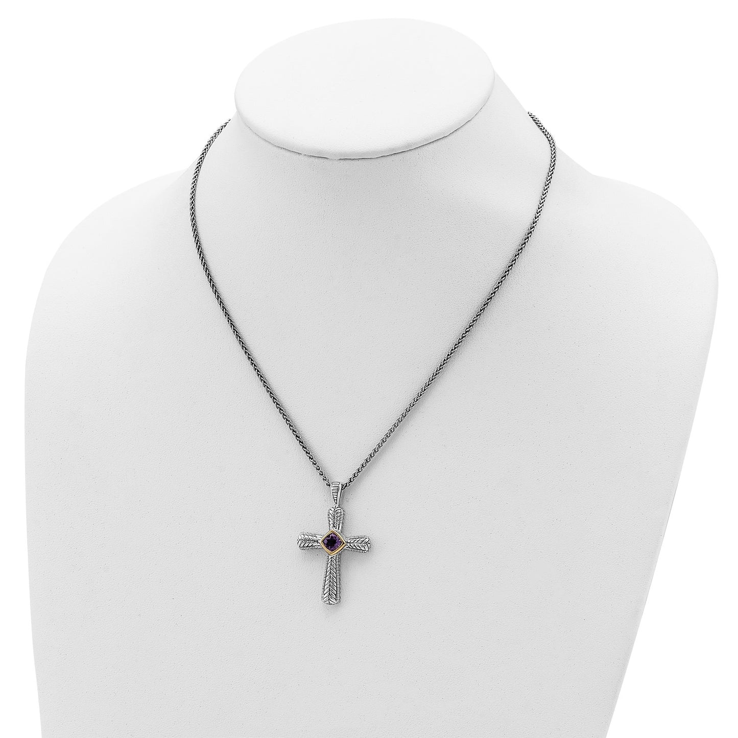 GSS Sterling Silver with 14K Accent 18 Inch Antiqued Cushion Bezel Amethyst Cross Necklace
