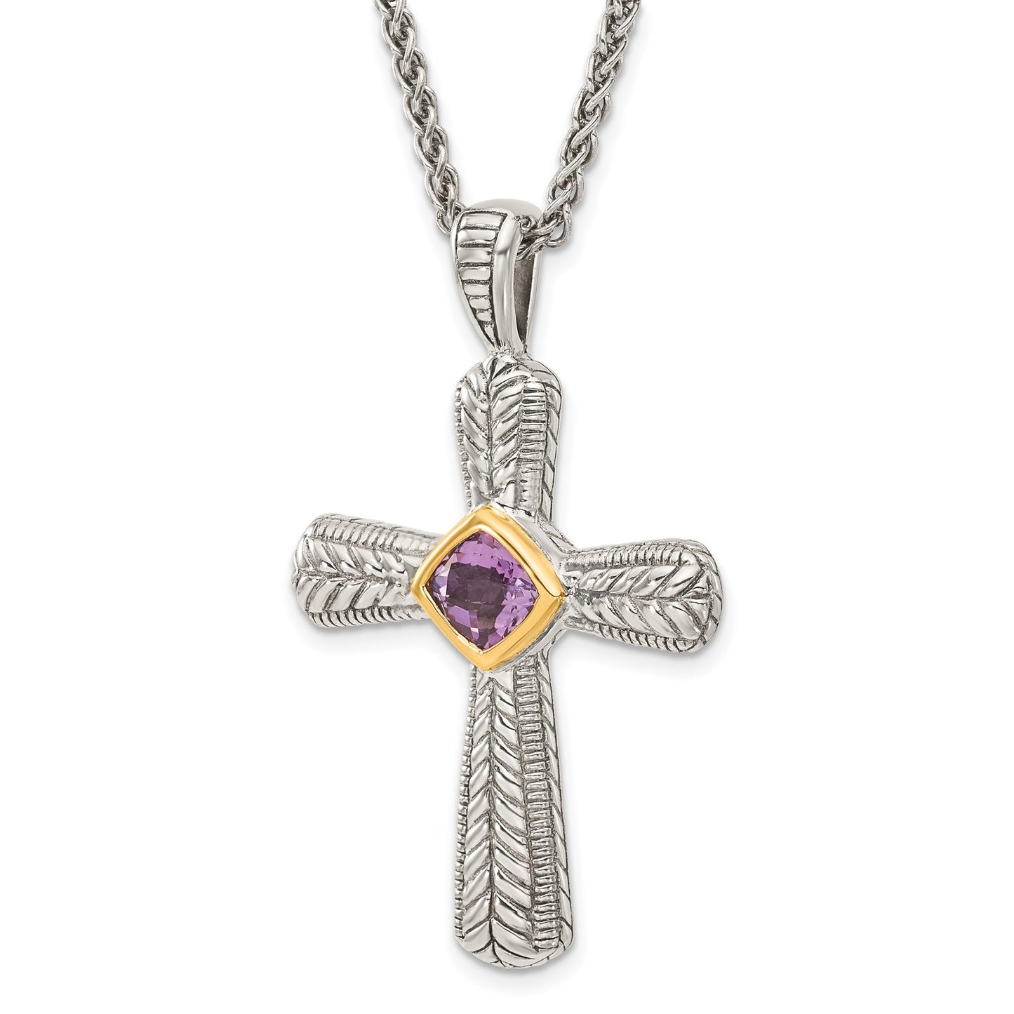GSS Sterling Silver with 14K Accent 18 Inch Antiqued Cushion Bezel Amethyst Cross Necklace