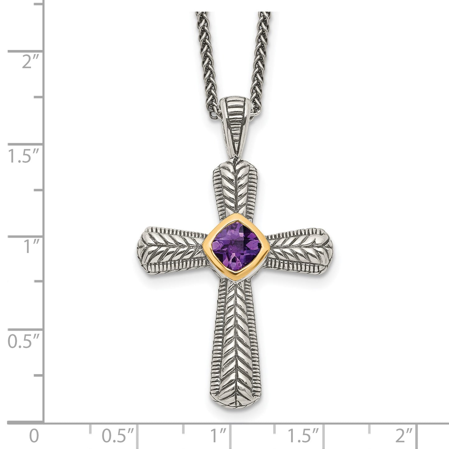 GSS Sterling Silver with 14K Accent 18 Inch Antiqued Cushion Bezel Amethyst Cross Necklace