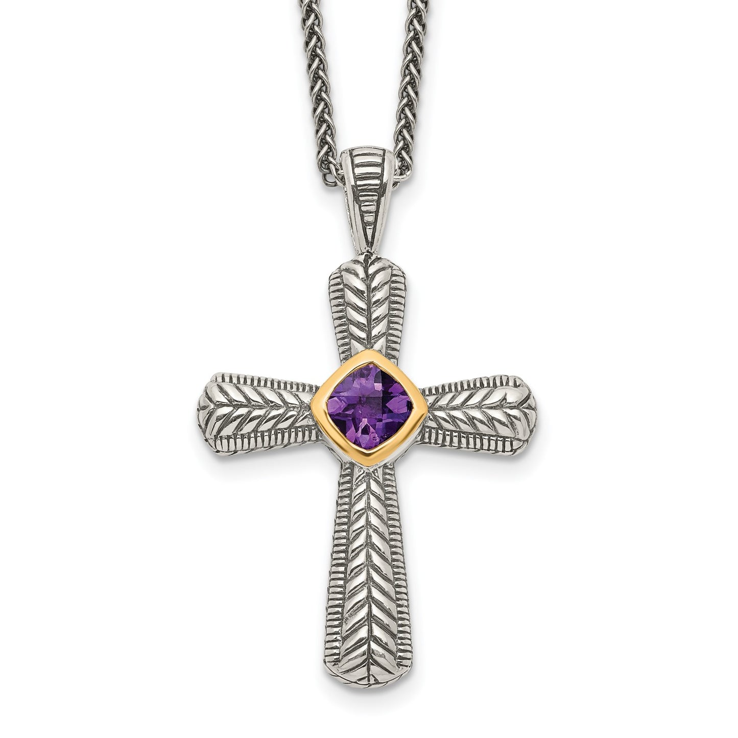GSS Sterling Silver with 14K Accent 18 Inch Antiqued Cushion Bezel Amethyst Cross Necklace