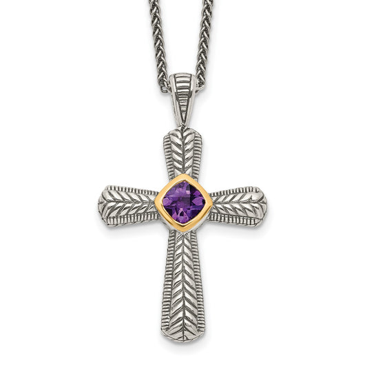 GSS Sterling Silver with 14K Accent 18 Inch Antiqued Cushion Bezel Amethyst Cross Necklace