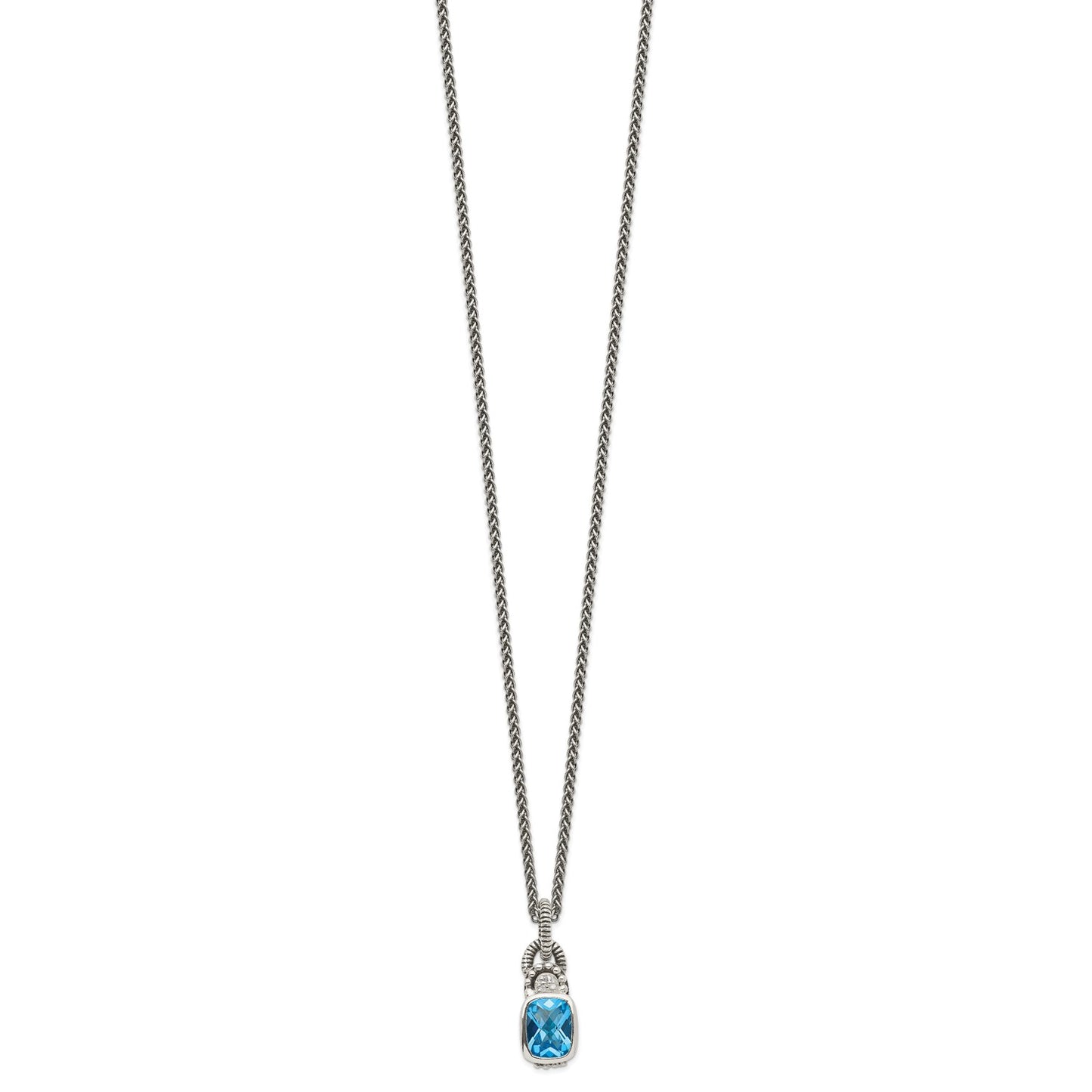 GSS Sterling Silver 18 Inch Antiqued Cushion Bezel Sky Blue Topaz and Diamond Necklace