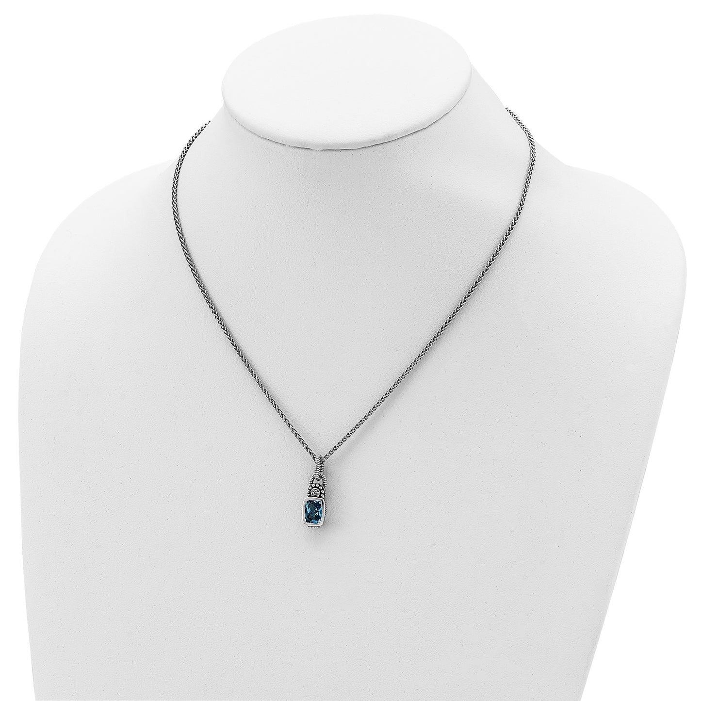 GSS Sterling Silver 18 Inch Antiqued Cushion Bezel Sky Blue Topaz and Diamond Necklace