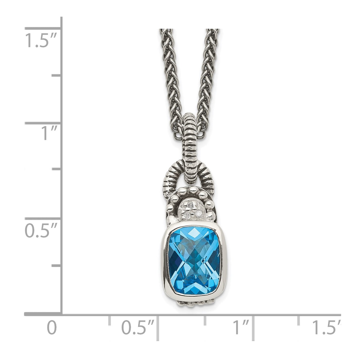 GSS Sterling Silver 18 Inch Antiqued Cushion Bezel Sky Blue Topaz and Diamond Necklace